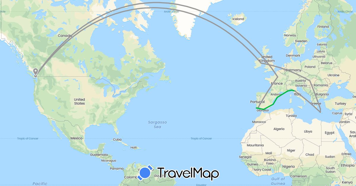 TravelMap itinerary: driving, bus, plane in Canada, Spain, France, United Kingdom, Greece, Hungary, Ireland, Italy, Portugal (Europe, North America)